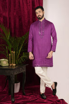 Purple Tussar Silk Mirror Hand Embroidered Kurta Set