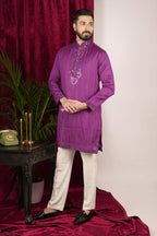 Purple Tussar Silk Mirror Hand Embroidered Kurta Set