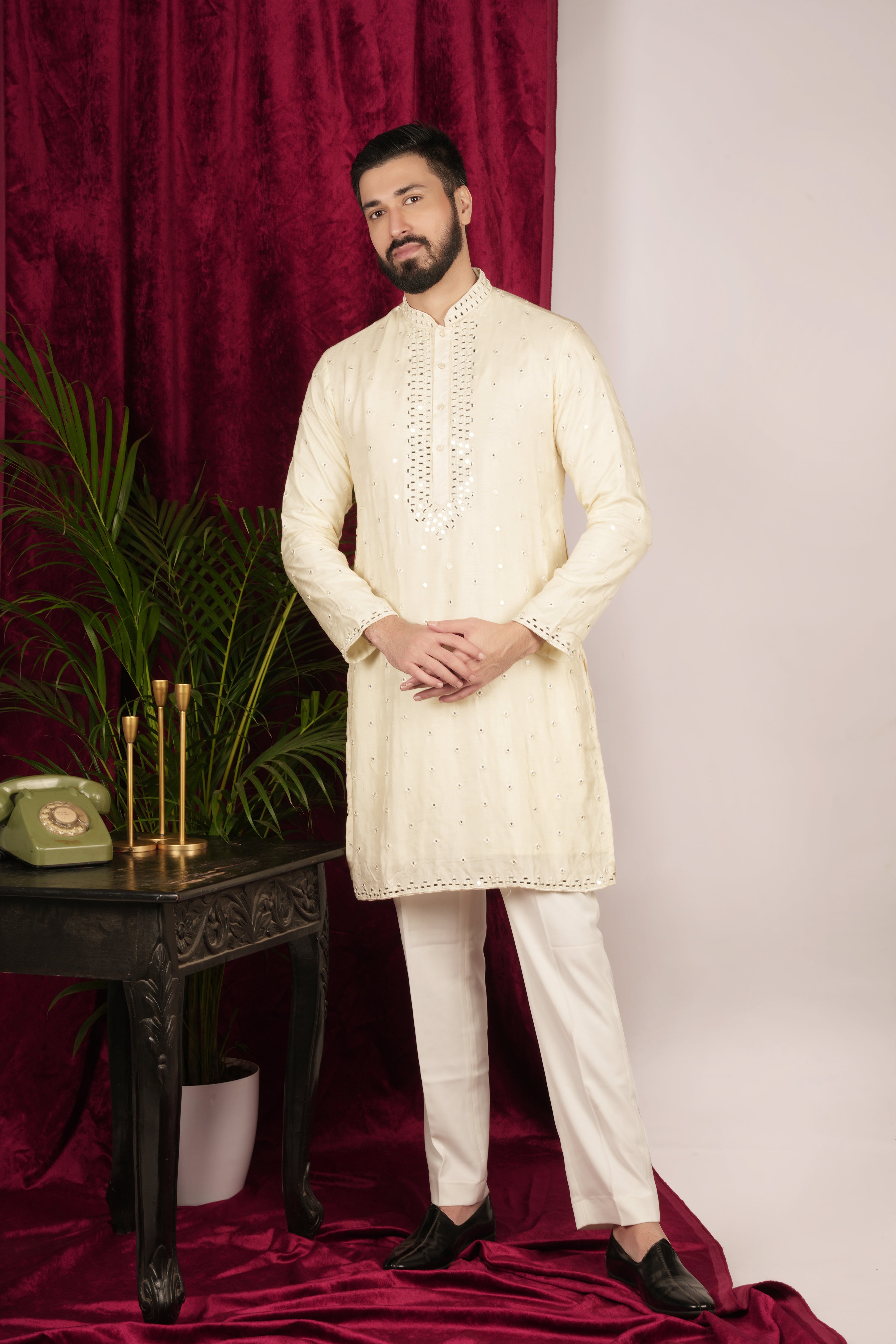 Creme Silk Mirror Embroidered Kurta Set