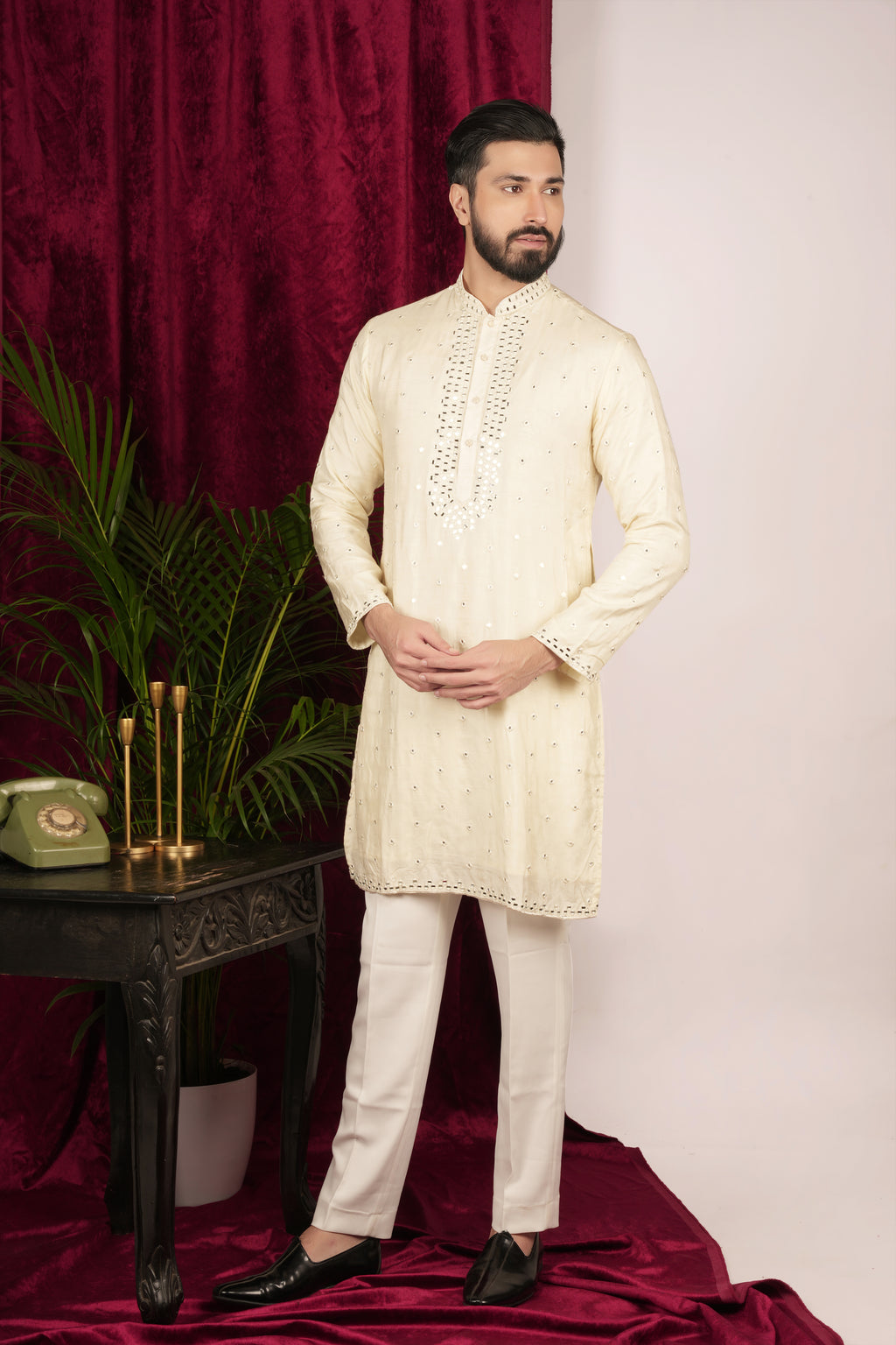 Creme Silk Mirror Embroidered Kurta Set