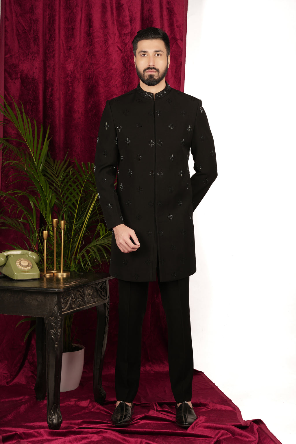 Black Japanese Hand Embroidered Indowestern Set