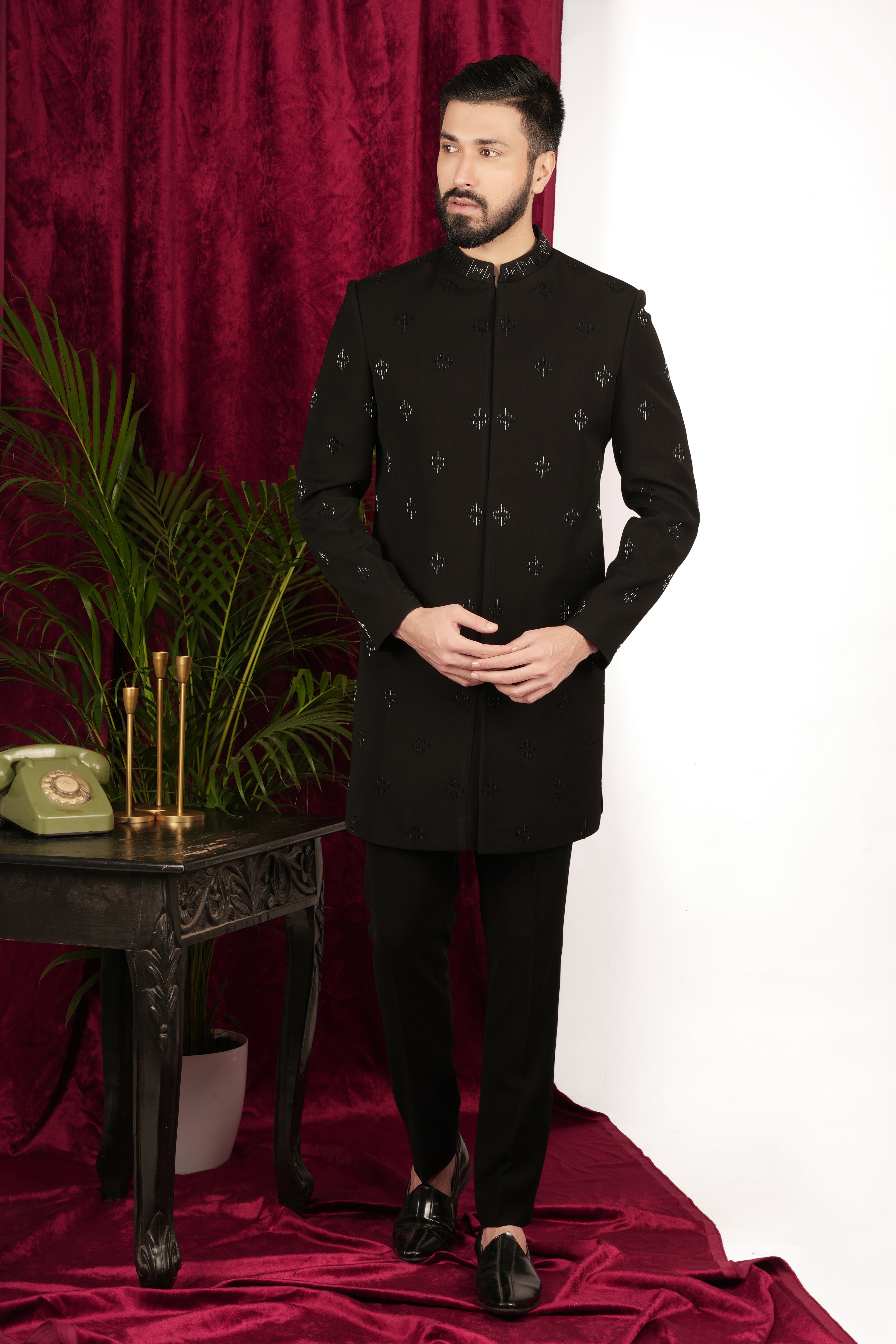 Black Japanese Hand Embroidered Indowestern Set