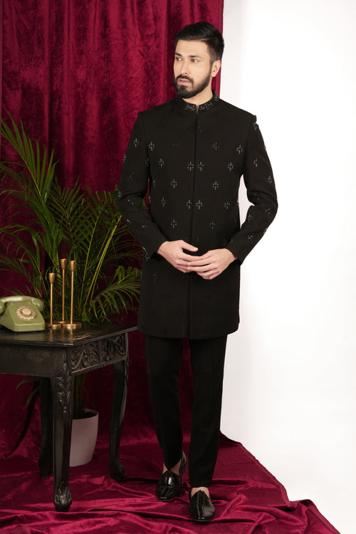 Black Japanese Hand Embroidered Indowestern Set