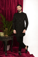 Black Japanese Hand Embroidered Indowestern Set