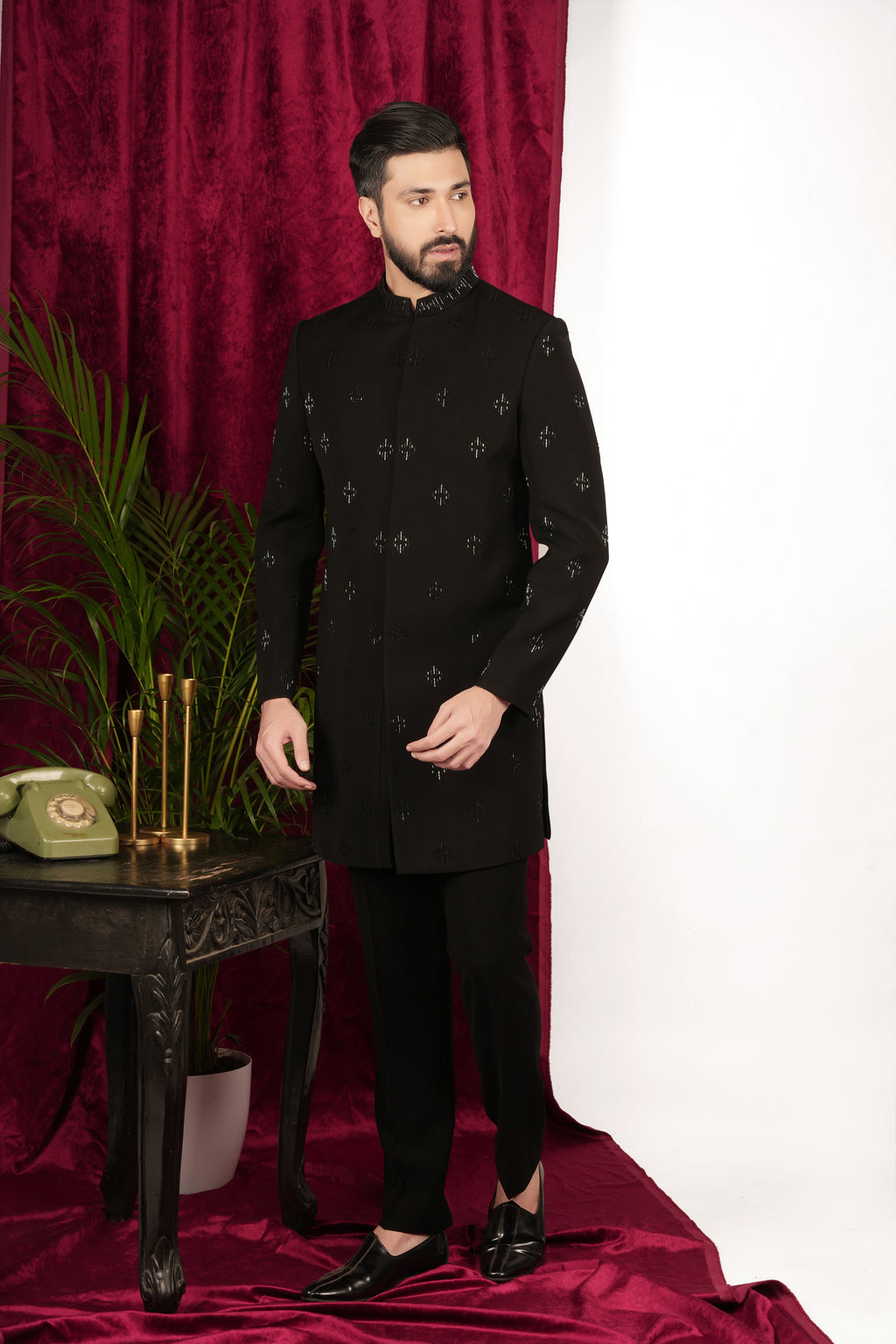Black Japanese Hand Embroidered Indowestern Set