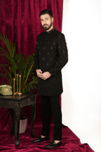 Black Japanese Hand Embroidered Indowestern Set