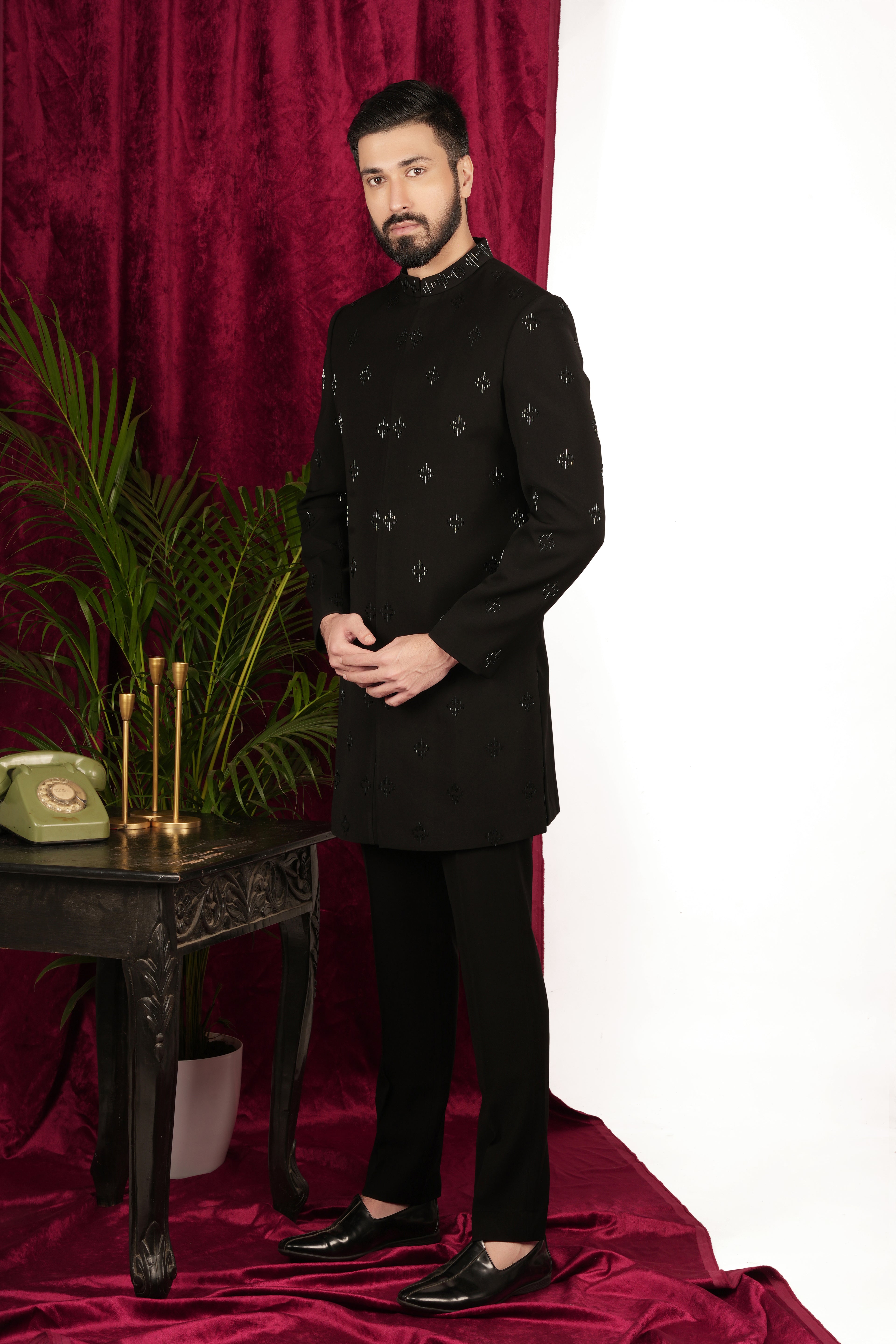 Black Japanese Hand Embroidered Indowestern Set