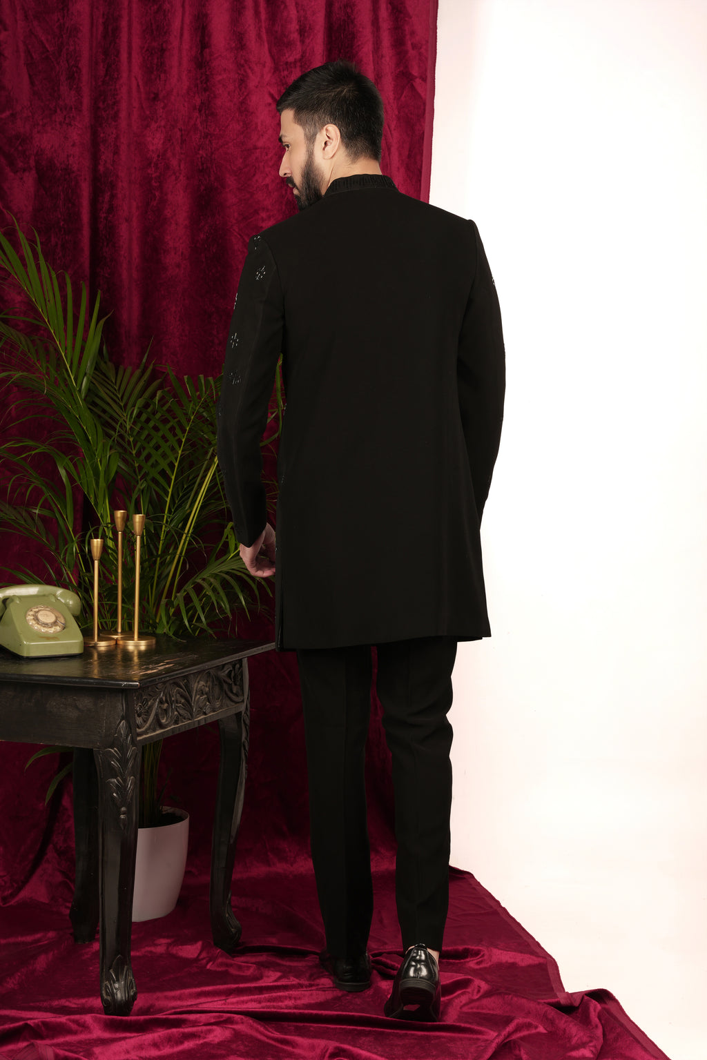 Black Japanese Hand Embroidered Indowestern Set