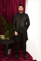 Black Silk Herringbone Jiffy Handwork Layered Indo-Western Set