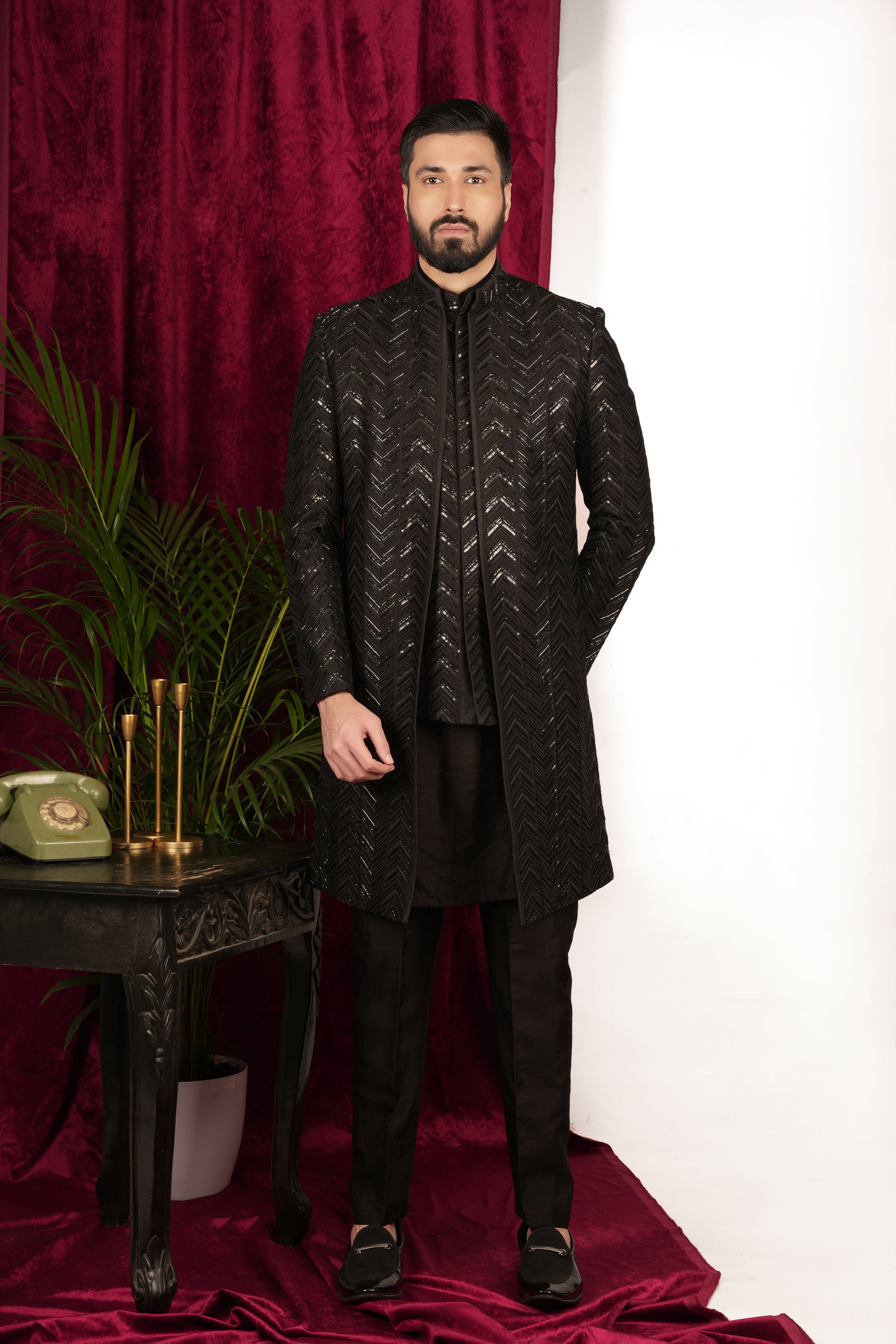 Black Silk Herringbone Jiffy Handwork Layered Indo-Western Set