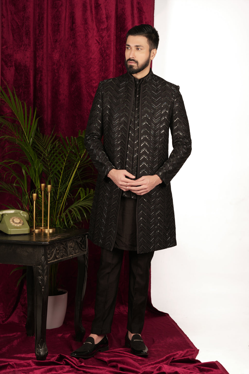 Black Silk Herringbone Jiffy Handwork Layered Indo-Western Set