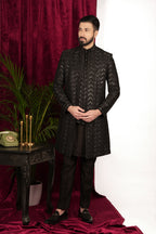 Black Silk Herringbone Jiffy Handwork Layered Indo-Western Set