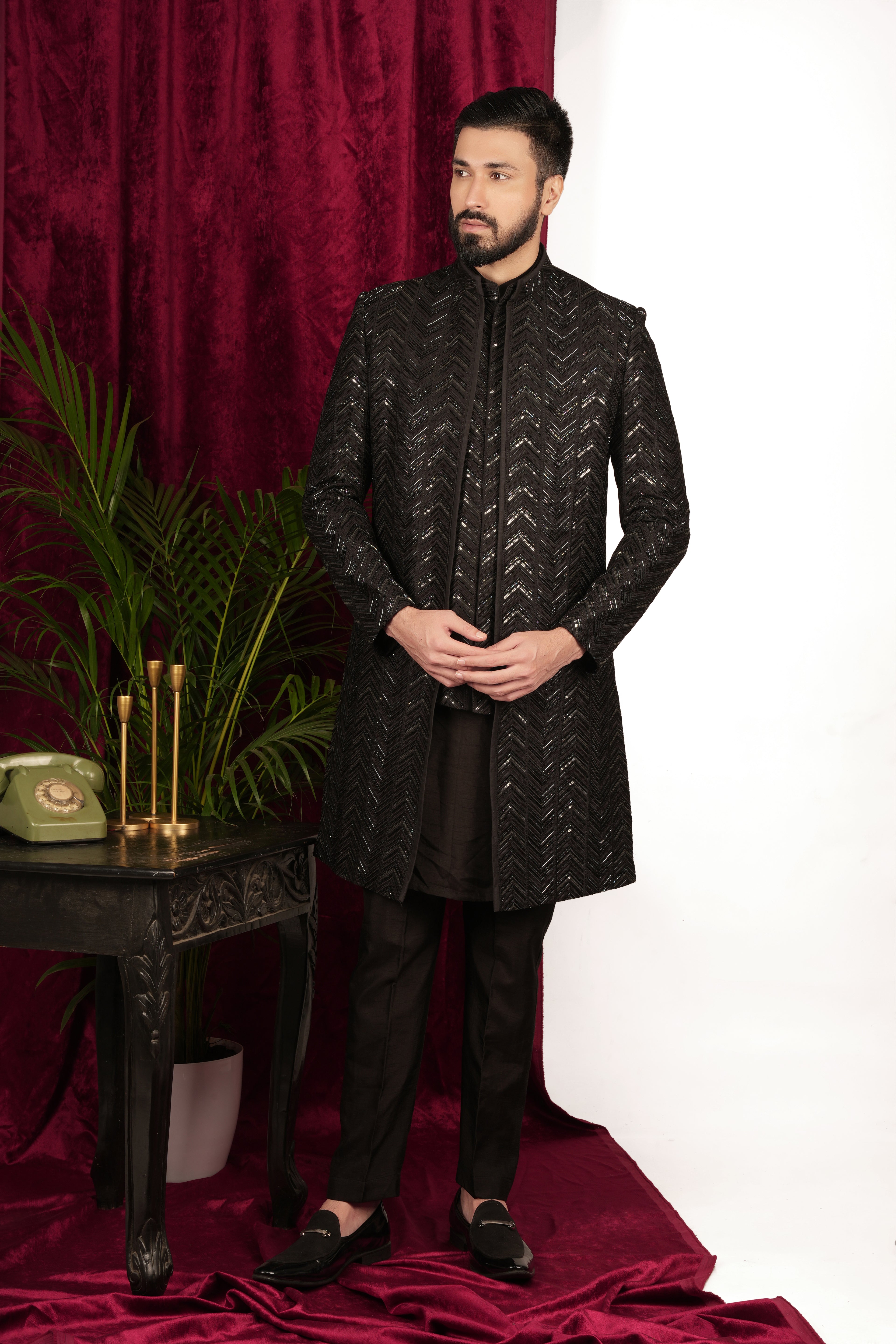Black Silk Herringbone Jiffy Handwork Layered Indo-Western Set
