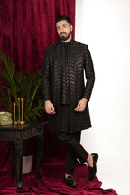 Black Silk Herringbone Jiffy Handwork Layered Indo-Western Set