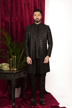 Black Silk Herringbone Jiffy Handwork Layered Indo-Western Set