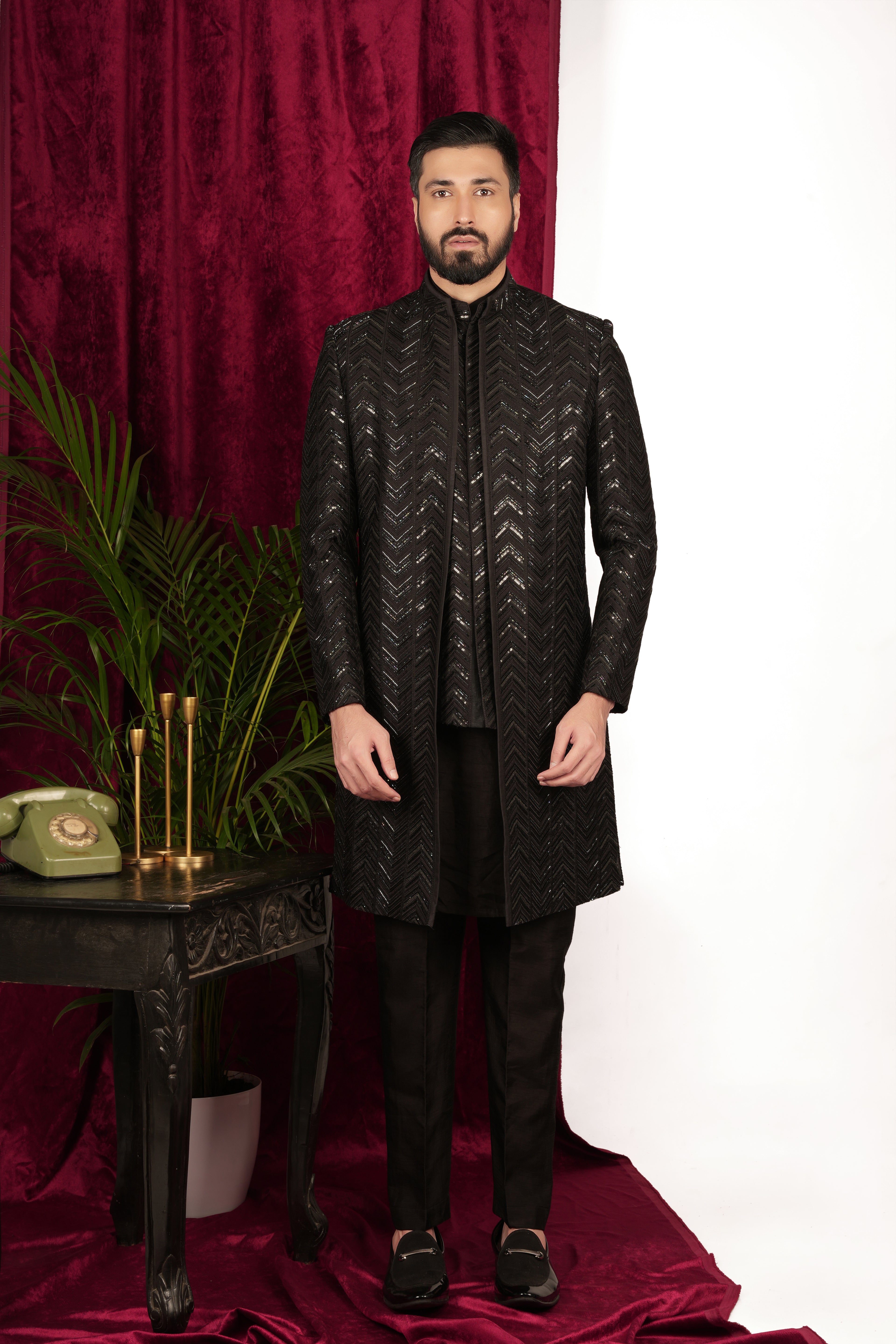 Black Silk Herringbone Jiffy Handwork Layered Indo-Western Set