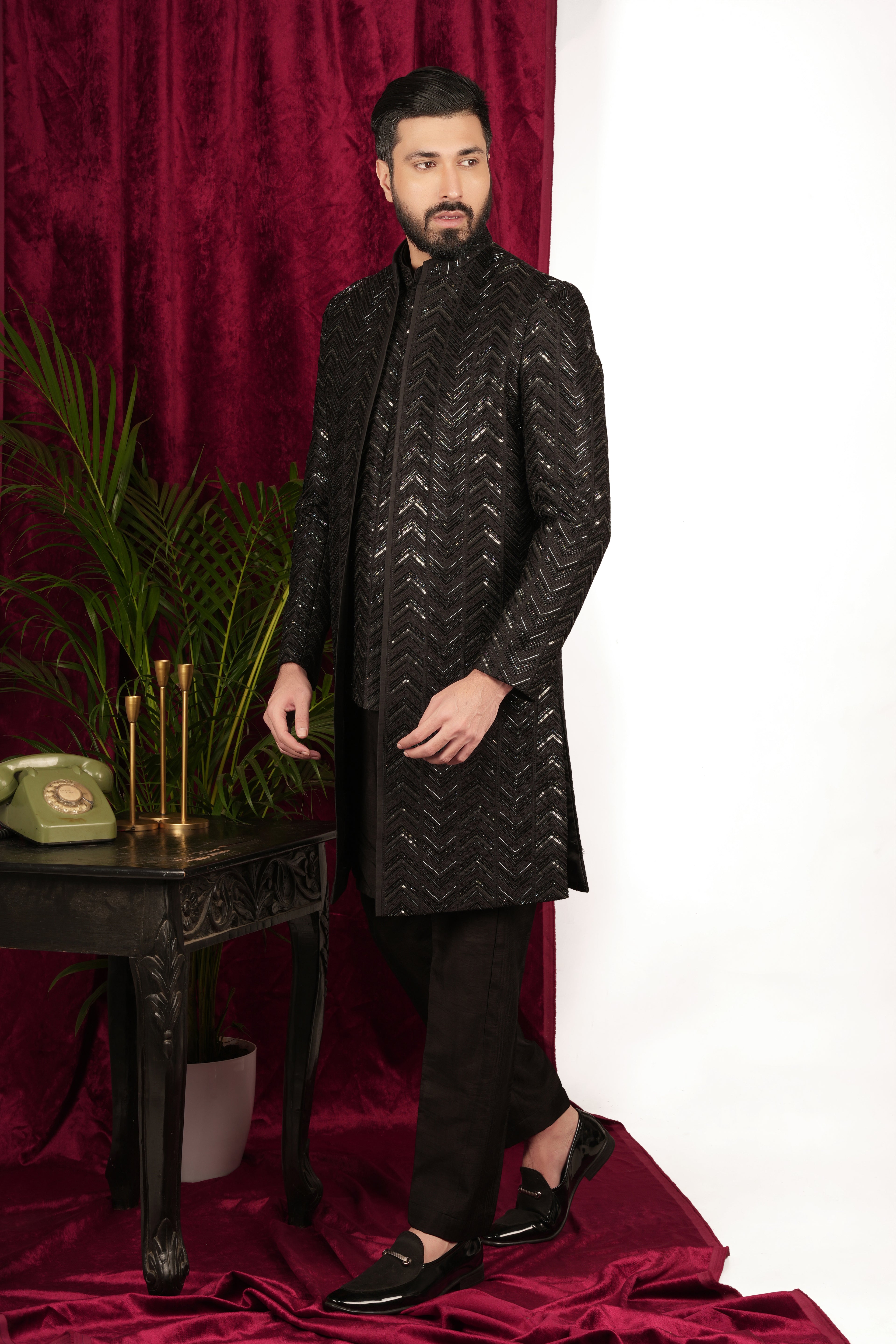 Black Silk Herringbone Jiffy Handwork Layered Indo-Western Set