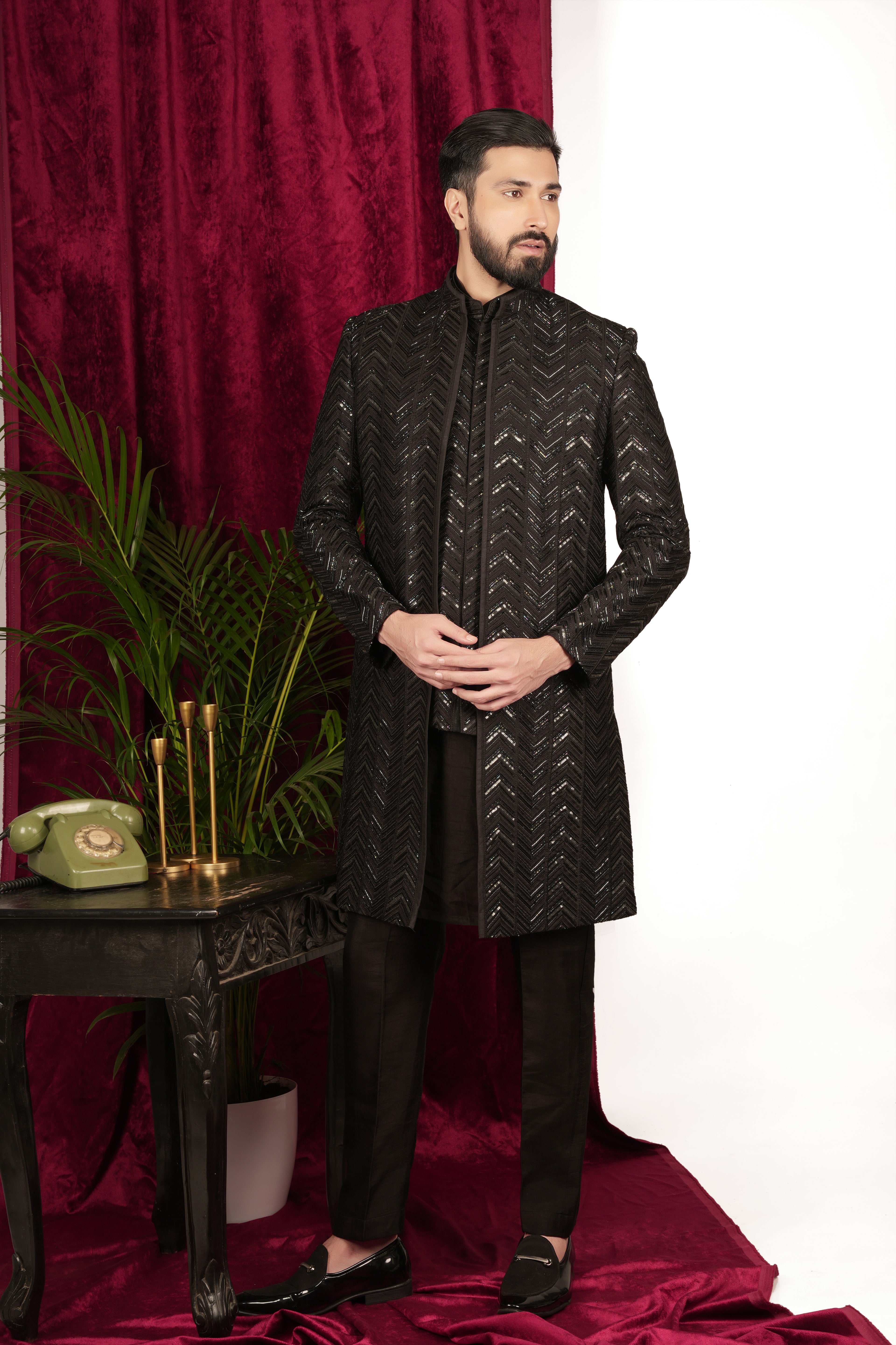 Black Silk Herringbone Jiffy Handwork Layered Indo-Western Set