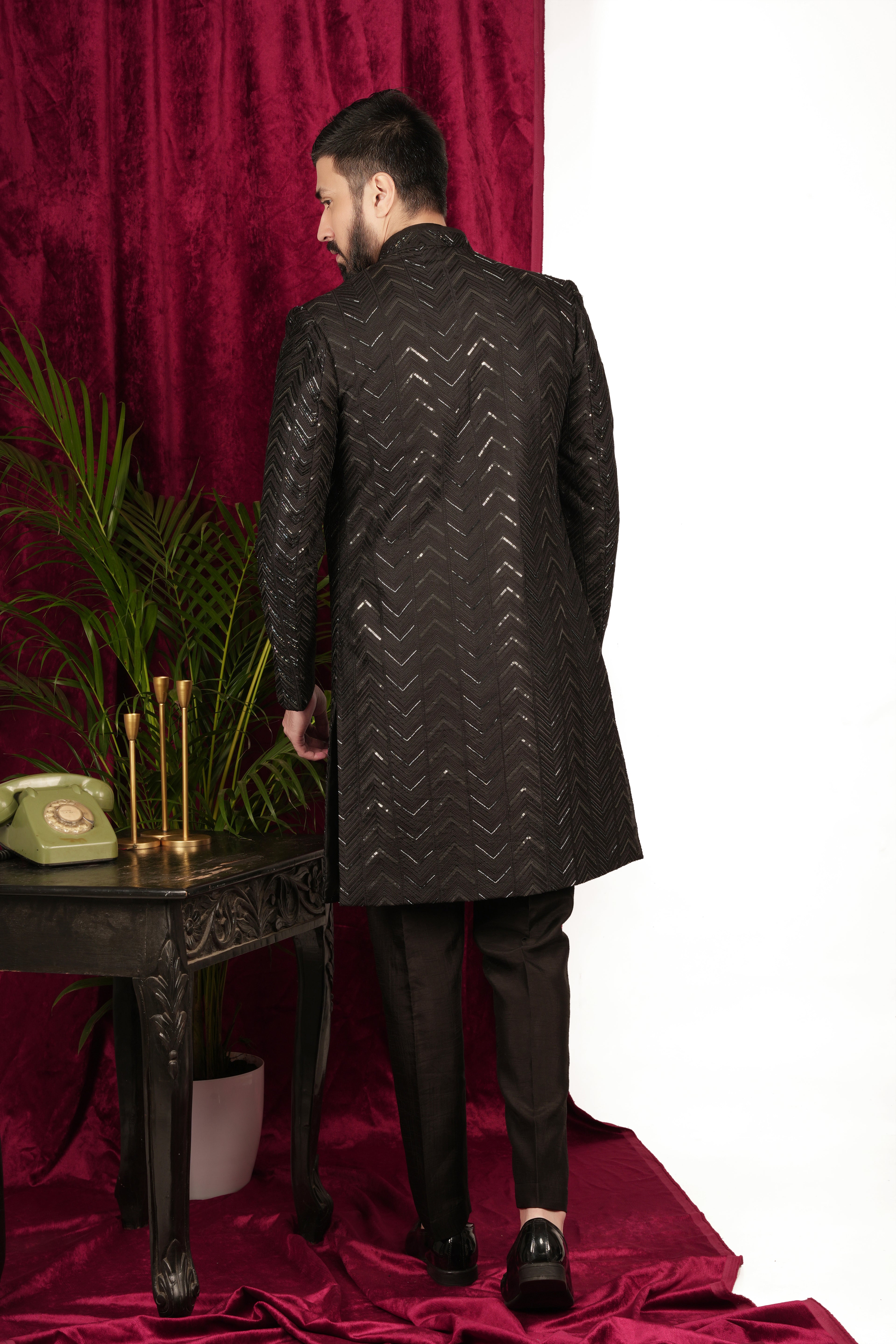Black Silk Herringbone Jiffy Handwork Layered Indo-Western Set