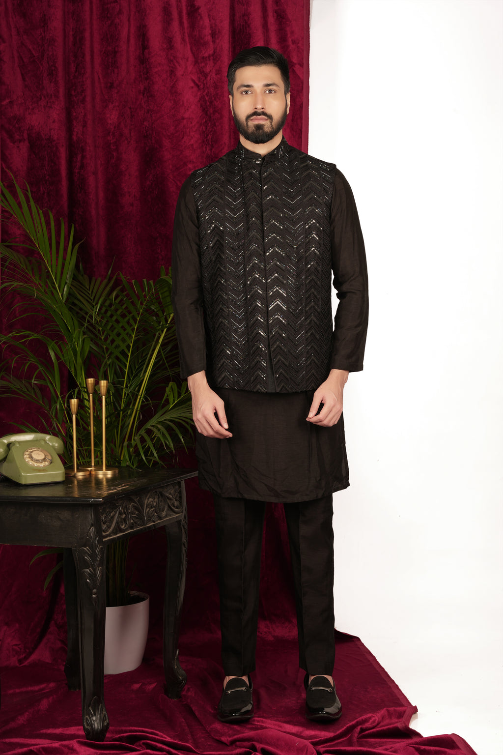 Black Silk Herringbone Jiffy Handwork Layered Indo-Western Set