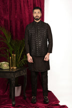 Black Silk Herringbone Jiffy Handwork Layered Indo-Western Set