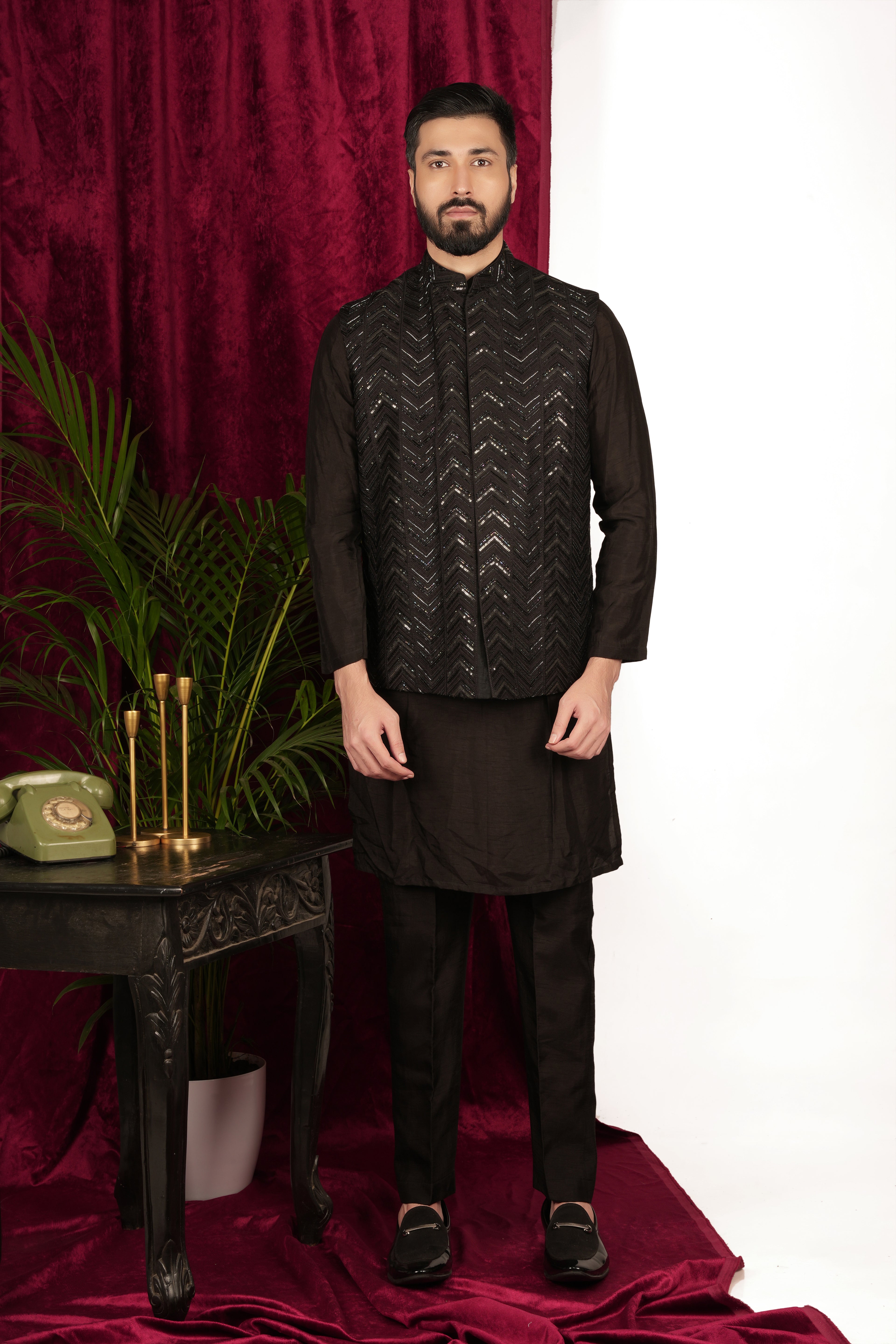 Black Silk Herringbone Jiffy Handwork Layered Indo-Western Set