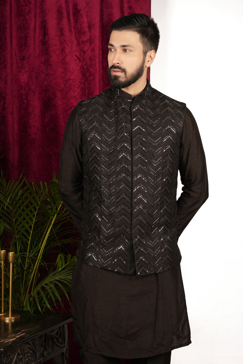 Black Silk Herringbone Jiffy Handwork Layered Indo-Western Set