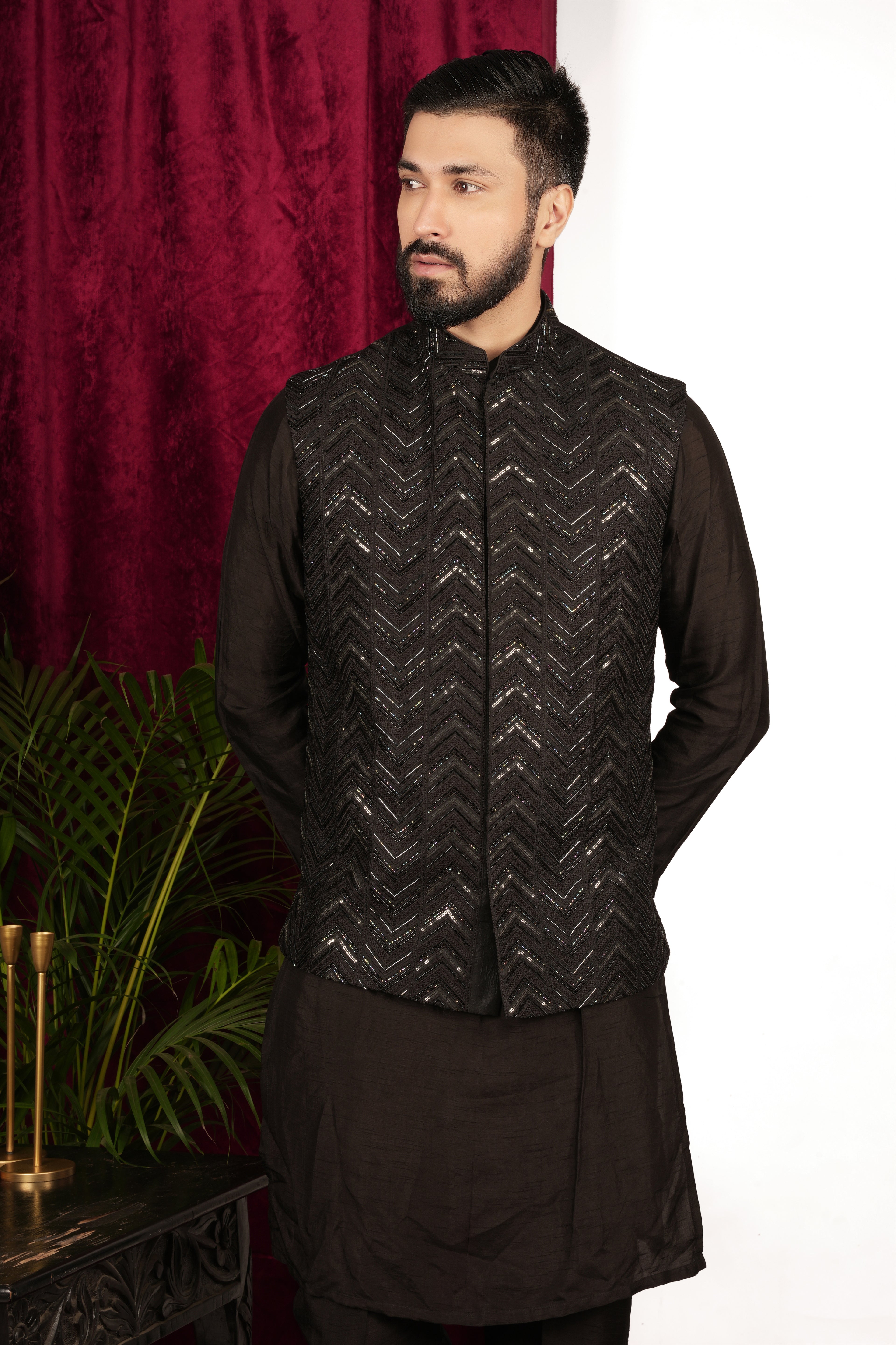 Black Silk Herringbone Jiffy Handwork Layered Indo-Western Set