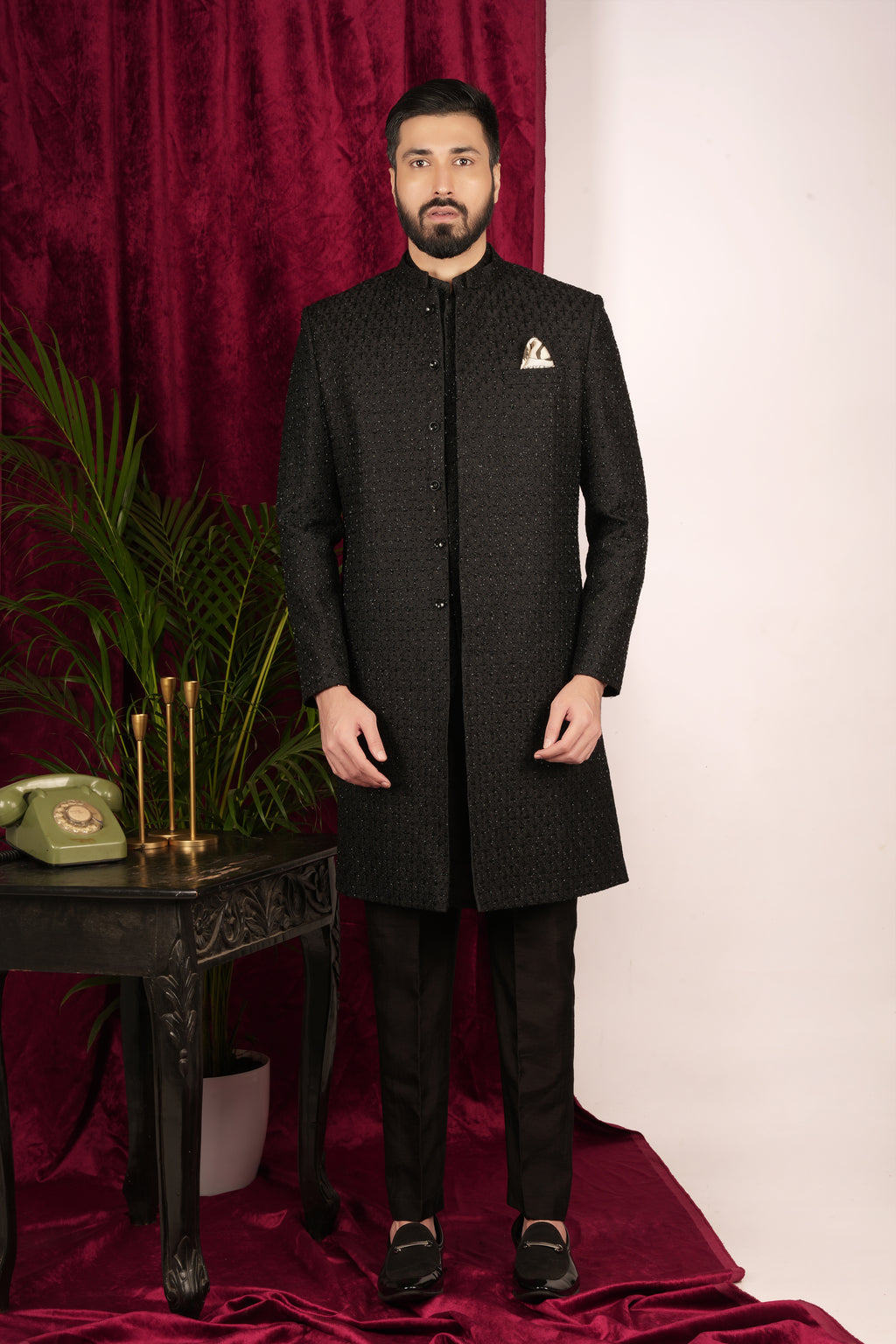 Black Suiting Embroidered Indowestern Set