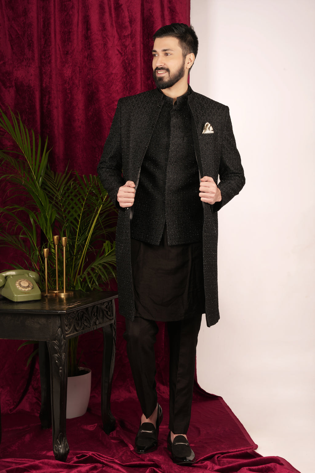 Black Suiting Embroidered Indowestern Set