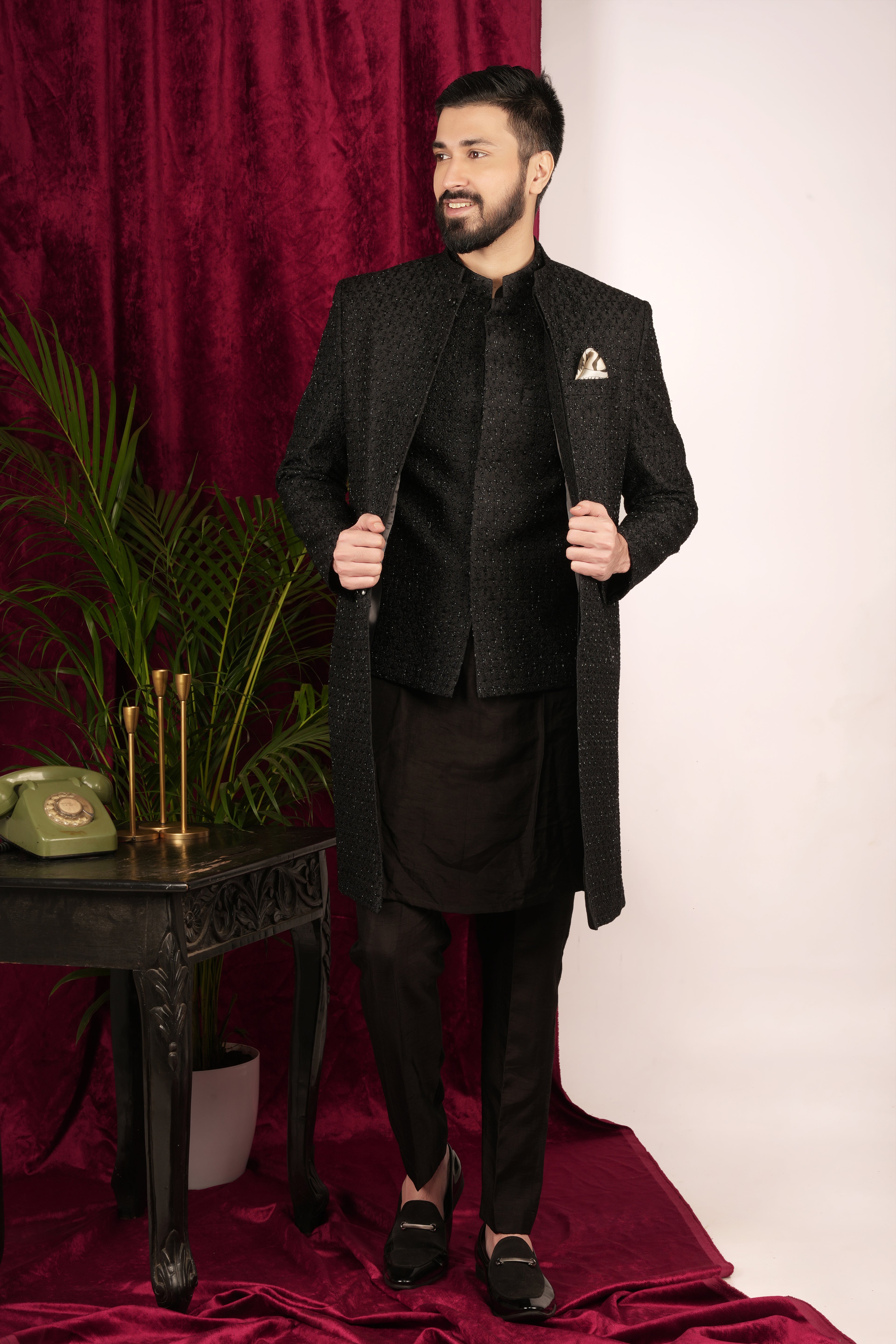 Black Suiting Embroidered Indowestern Set