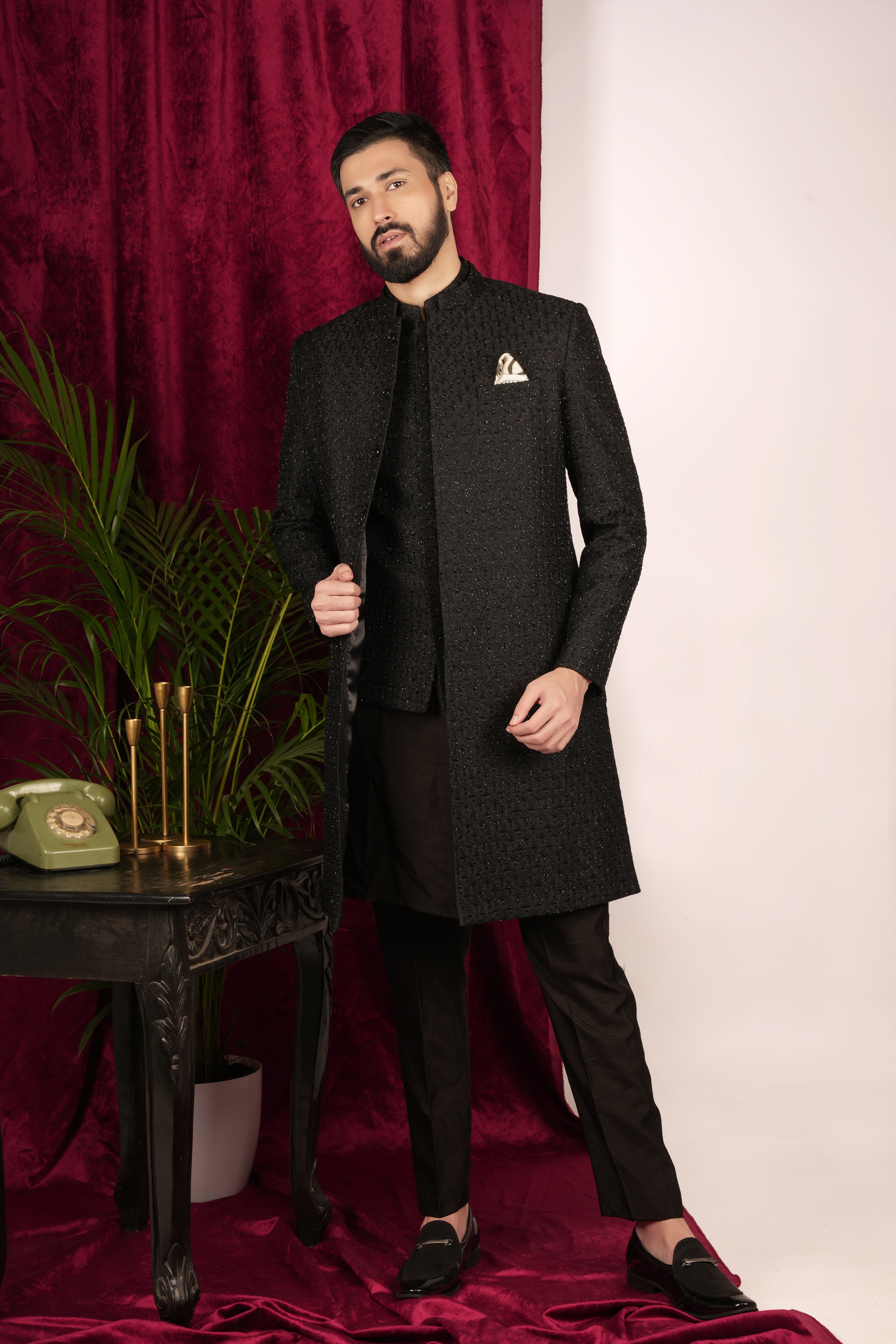 Black Suiting Embroidered Indowestern Set