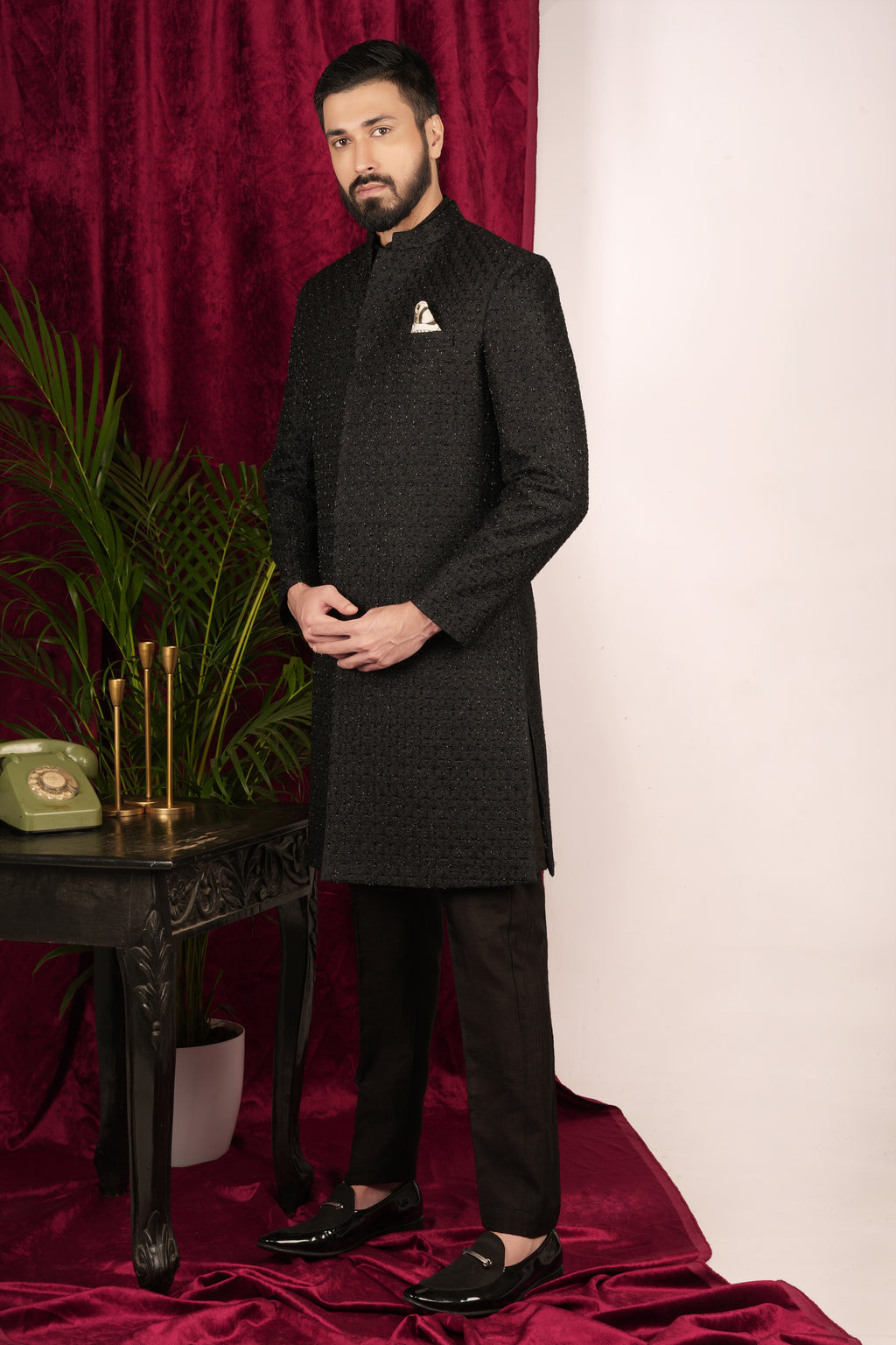 Black Suiting Embroidered Indowestern Set