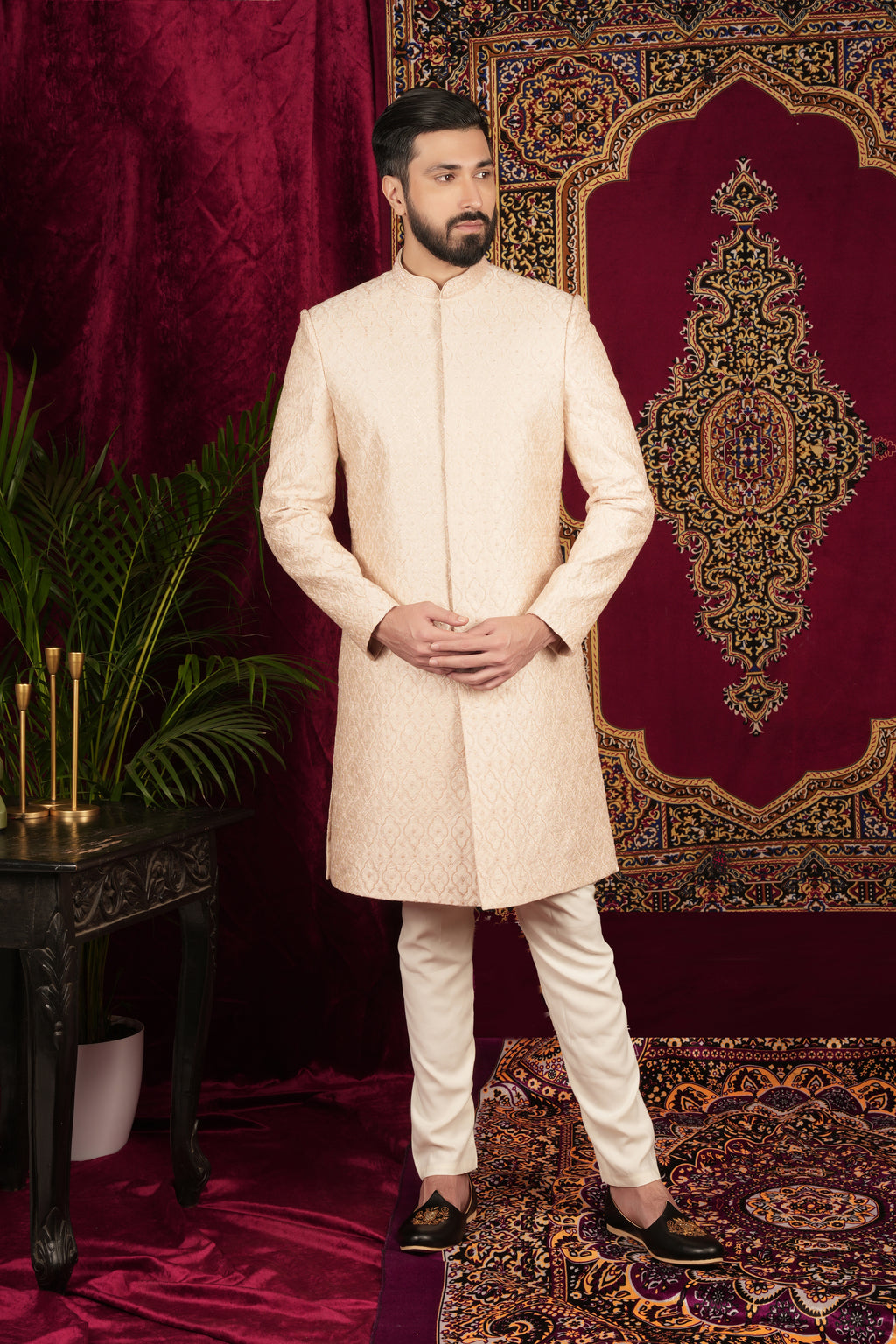 Ivory Raw Silk Extensive Floral Jaal Embroidered Grrom Sherwani Set
