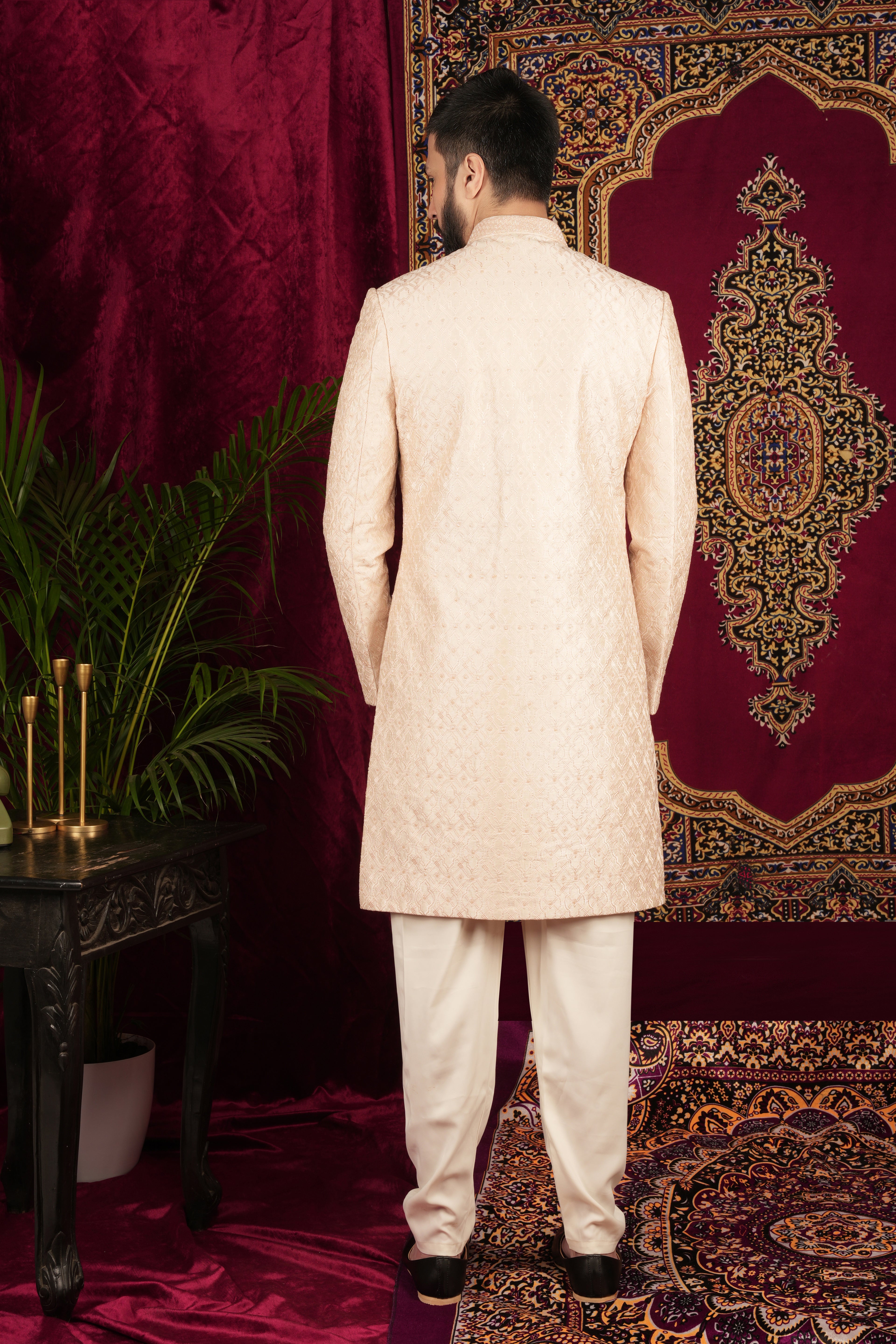 Ivory Raw Silk Extensive Floral Jaal Embroidered Grrom Sherwani Set