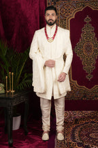 Ivory Silk Traditional Motif Embroidered Groom Sherwani Set