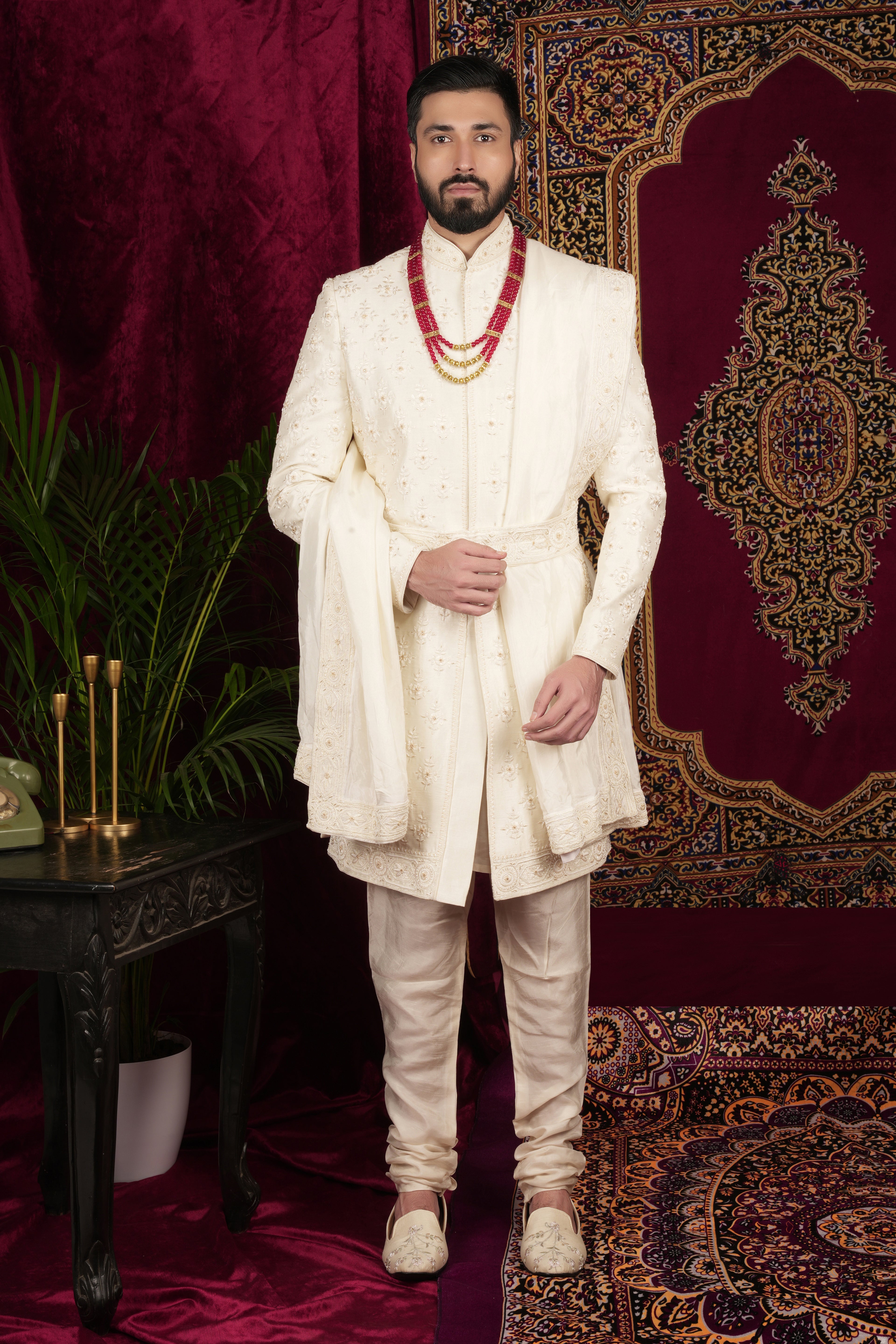 Ivory Silk Traditional Motif Embroidered Groom Sherwani Set