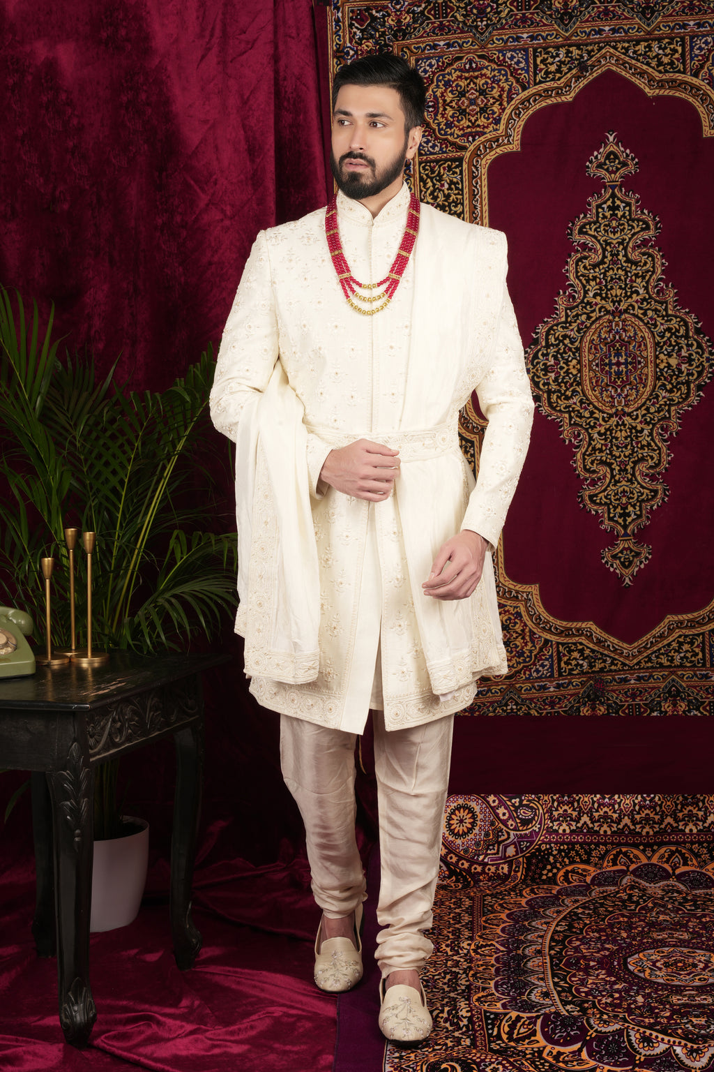 Ivory Silk Traditional Motif Embroidered Groom Sherwani Set