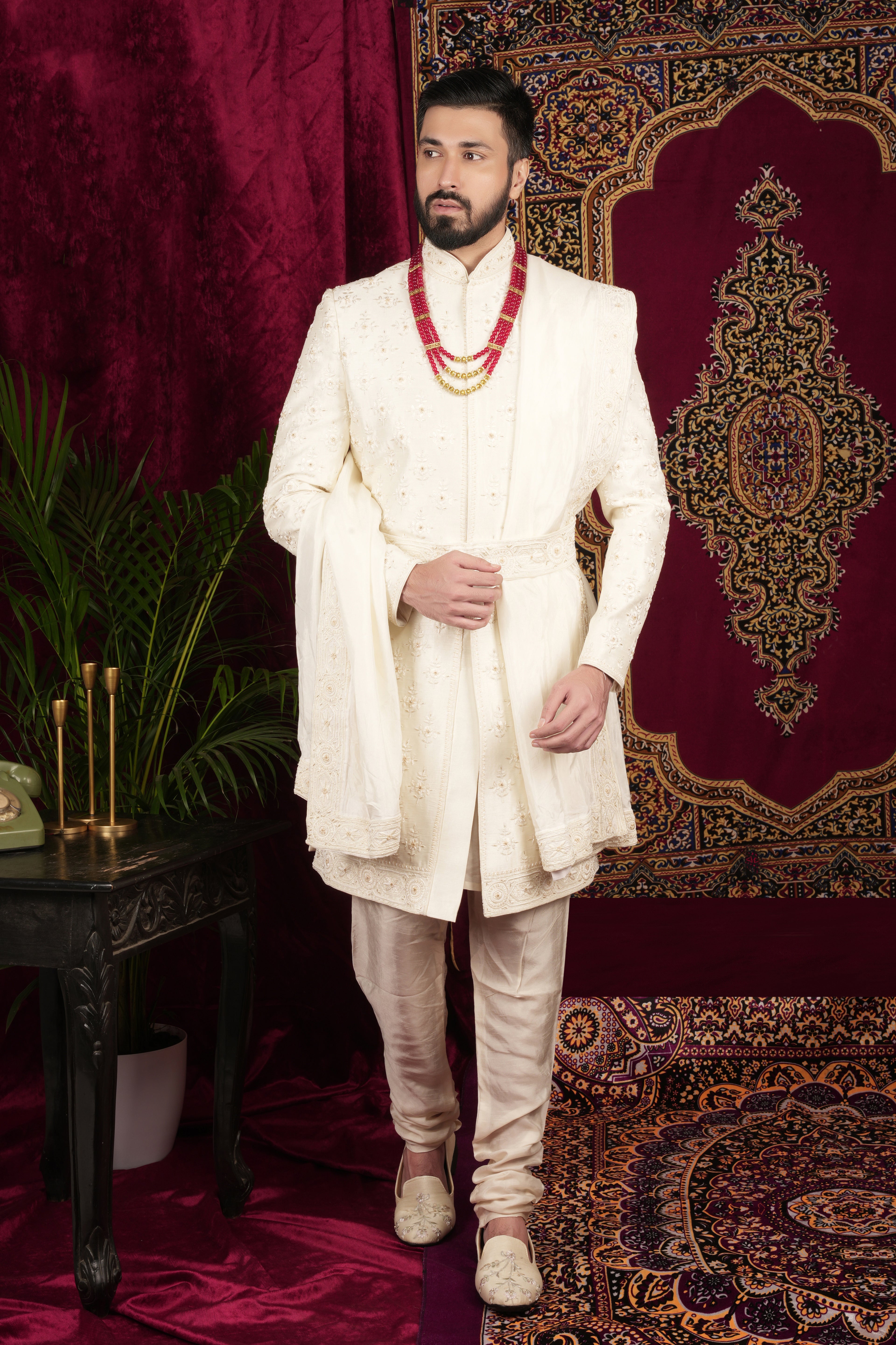 Ivory Silk Traditional Motif Embroidered Groom Sherwani Set