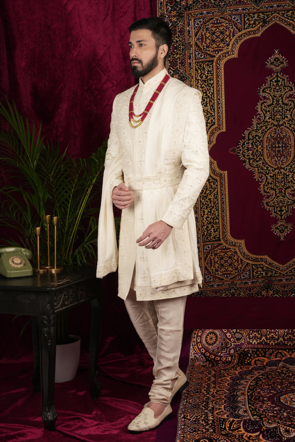Ivory Silk Traditional Motif Embroidered Groom Sherwani Set