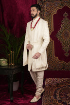 Ivory Silk Traditional Motif Embroidered Groom Sherwani Set