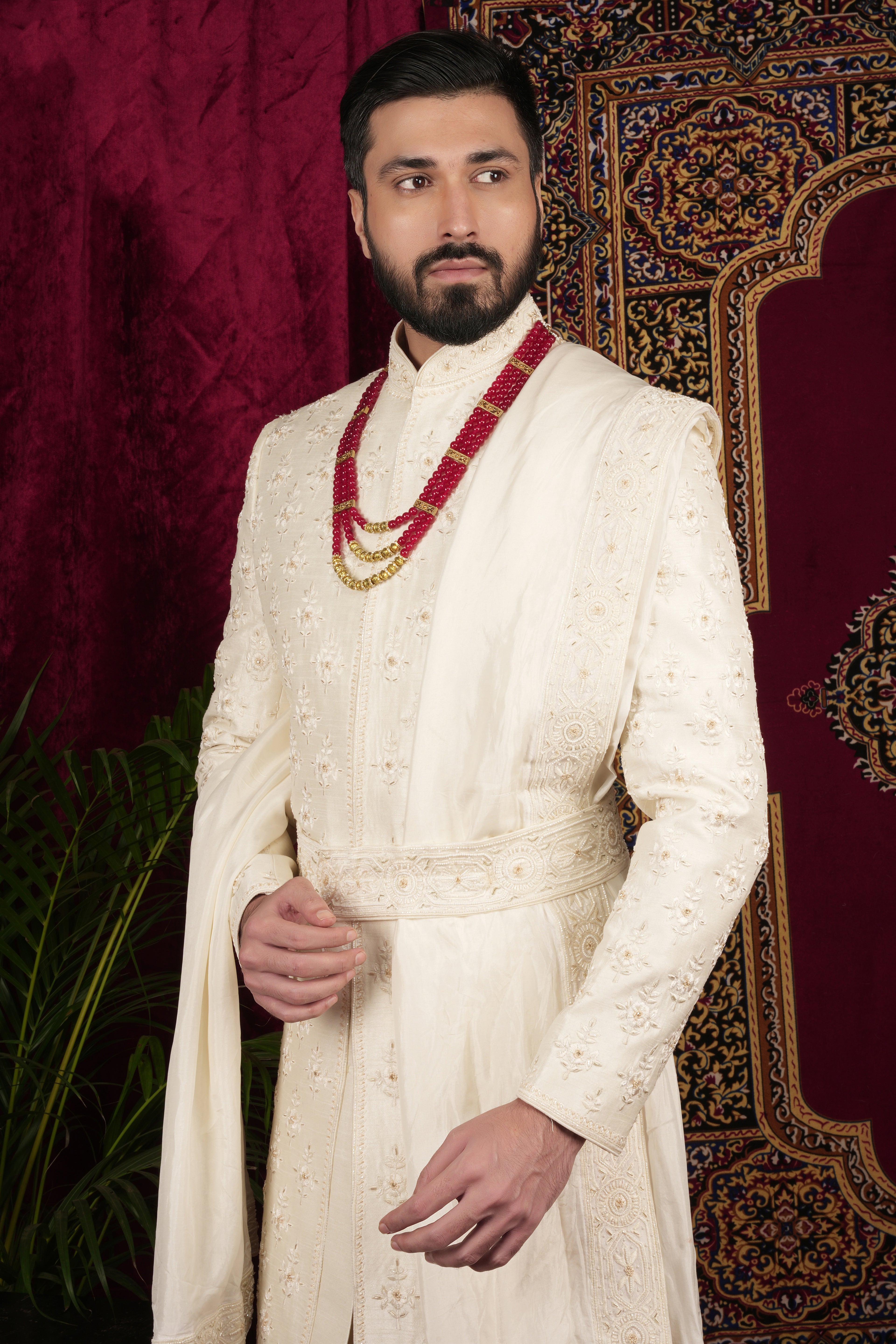 Ivory Silk Traditional Motif Embroidered Groom Sherwani Set