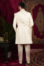 Ivory Silk Traditional Motif Embroidered Groom Sherwani Set
