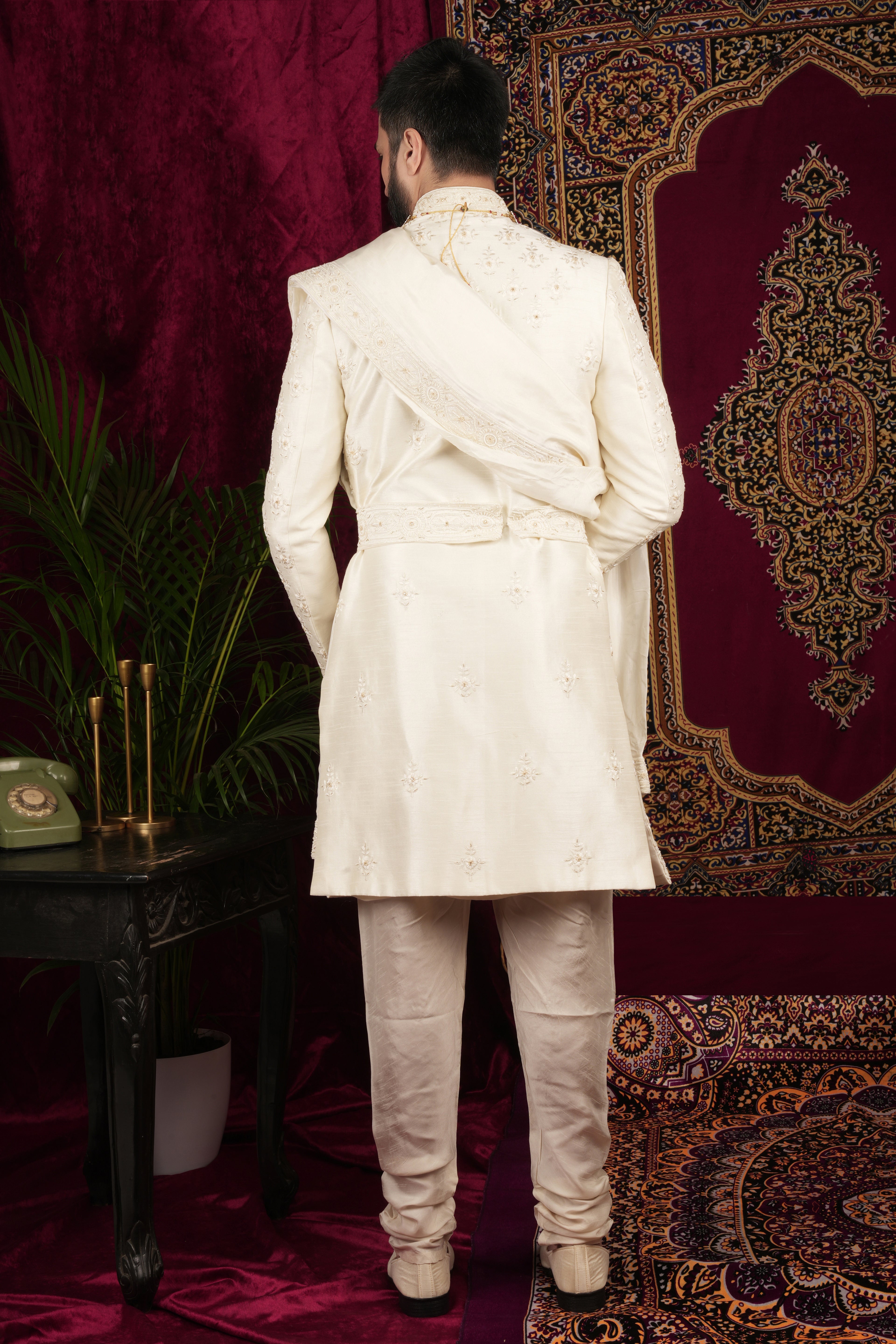 Ivory Silk Traditional Motif Embroidered Groom Sherwani Set