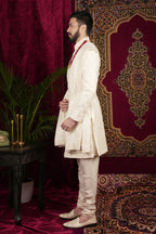 Ivory Silk Traditional Motif Embroidered Groom Sherwani Set