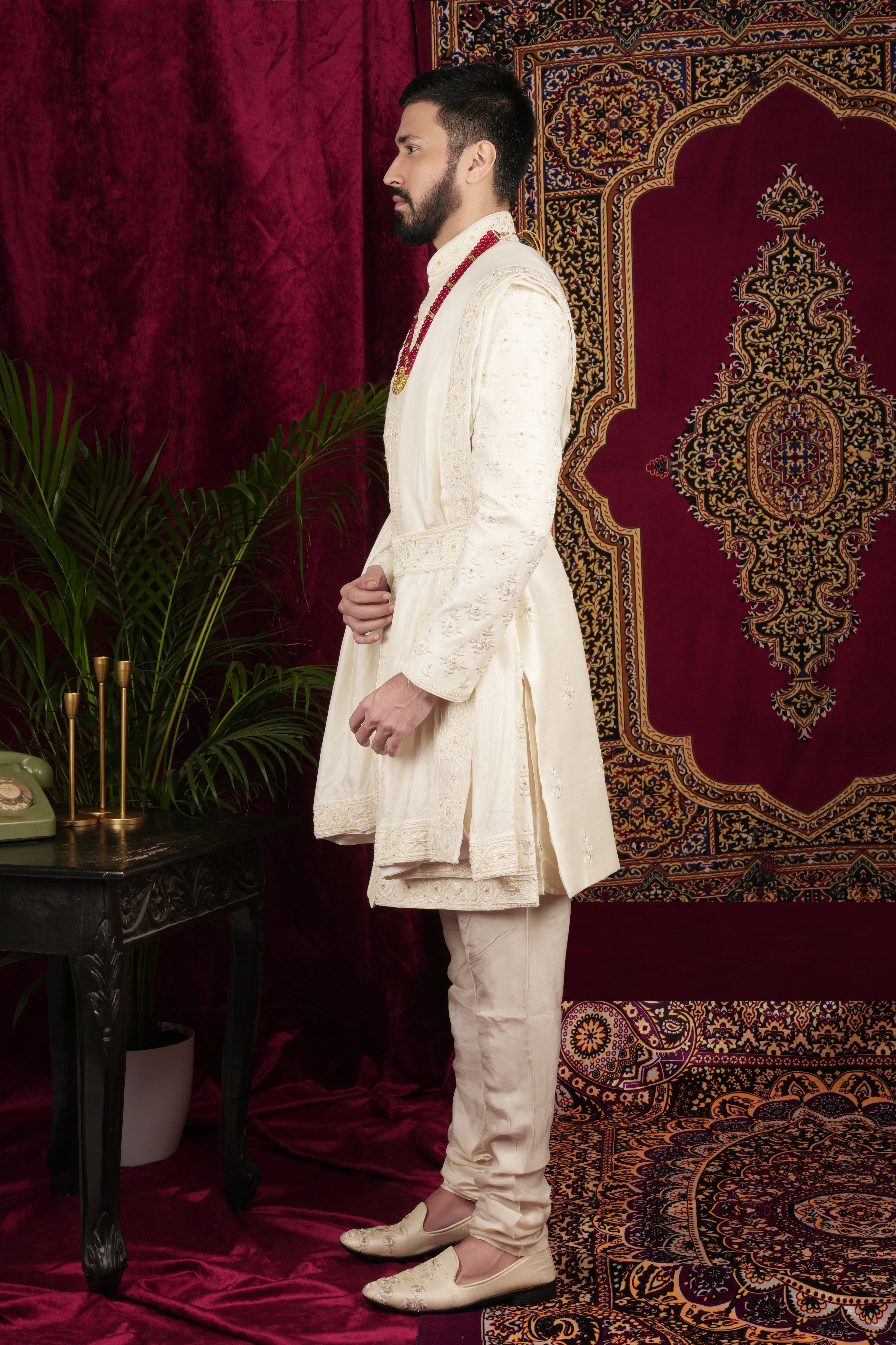 Ivory Silk Traditional Motif Embroidered Groom Sherwani Set