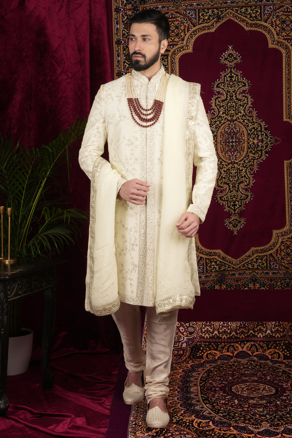 Ivory Silk Floral Jaal Embroidered Grrom Sherwani Set