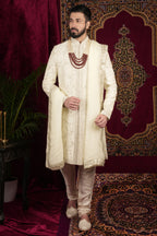 Ivory Silk Floral Jaal Embroidered Grrom Sherwani Set
