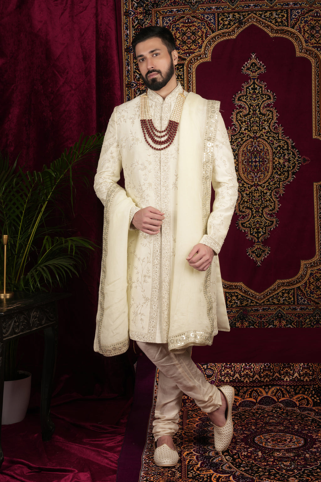Ivory Silk Floral Jaal Embroidered Grrom Sherwani Set