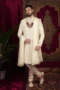 Ivory Silk Floral Jaal Embroidered Grrom Sherwani Set